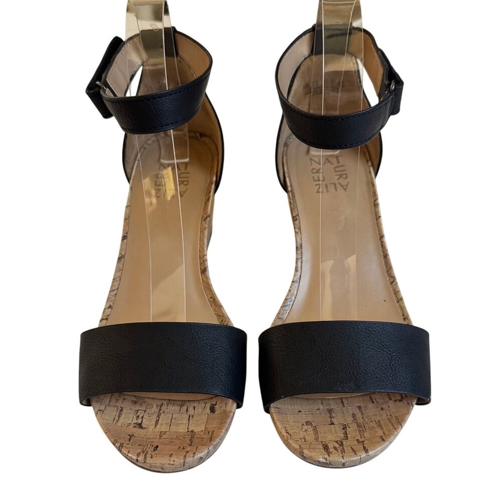 Naturalizer Areda Wedge Sandal Size 7.5 Wide Cork Black Leather EUC QVC Vacation